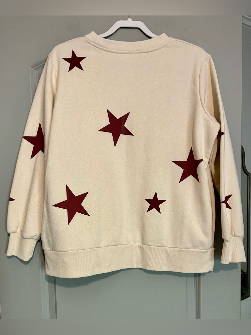 Zenana Cream & Burgundy Star Print Crewneck Patriotic Summer Layer Size L - Picture 6 of 6